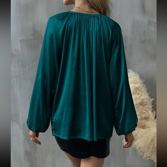 Luxe pink tie neck lantern sleeve blouse - Picture 9 of 14